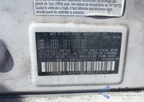 2012 Subaru Legacy 2.5I Premium z USA, uszkodzony, nr VIN 4S3BMBG64C3031743